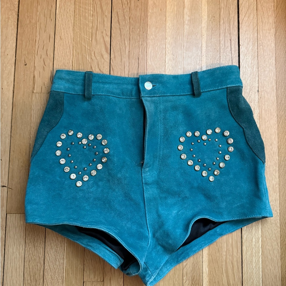Teal Suede Women's Shorts with Heart Accents